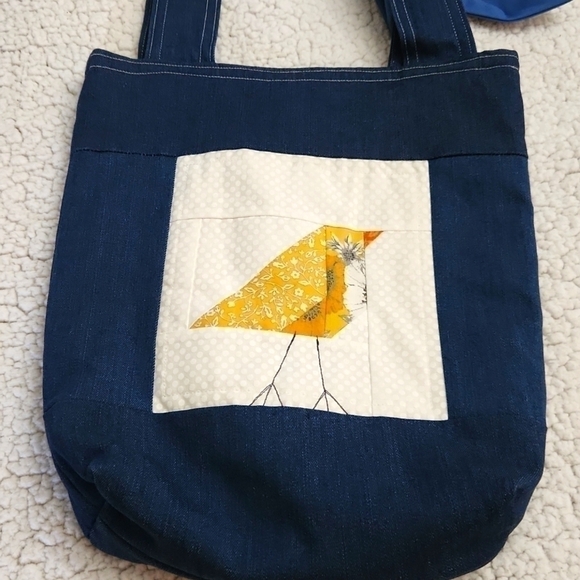 Double sided Handmade Denim Tote Spring Floral Pocket and Blue Bow Bird Artsy - Picture 3 of 10
